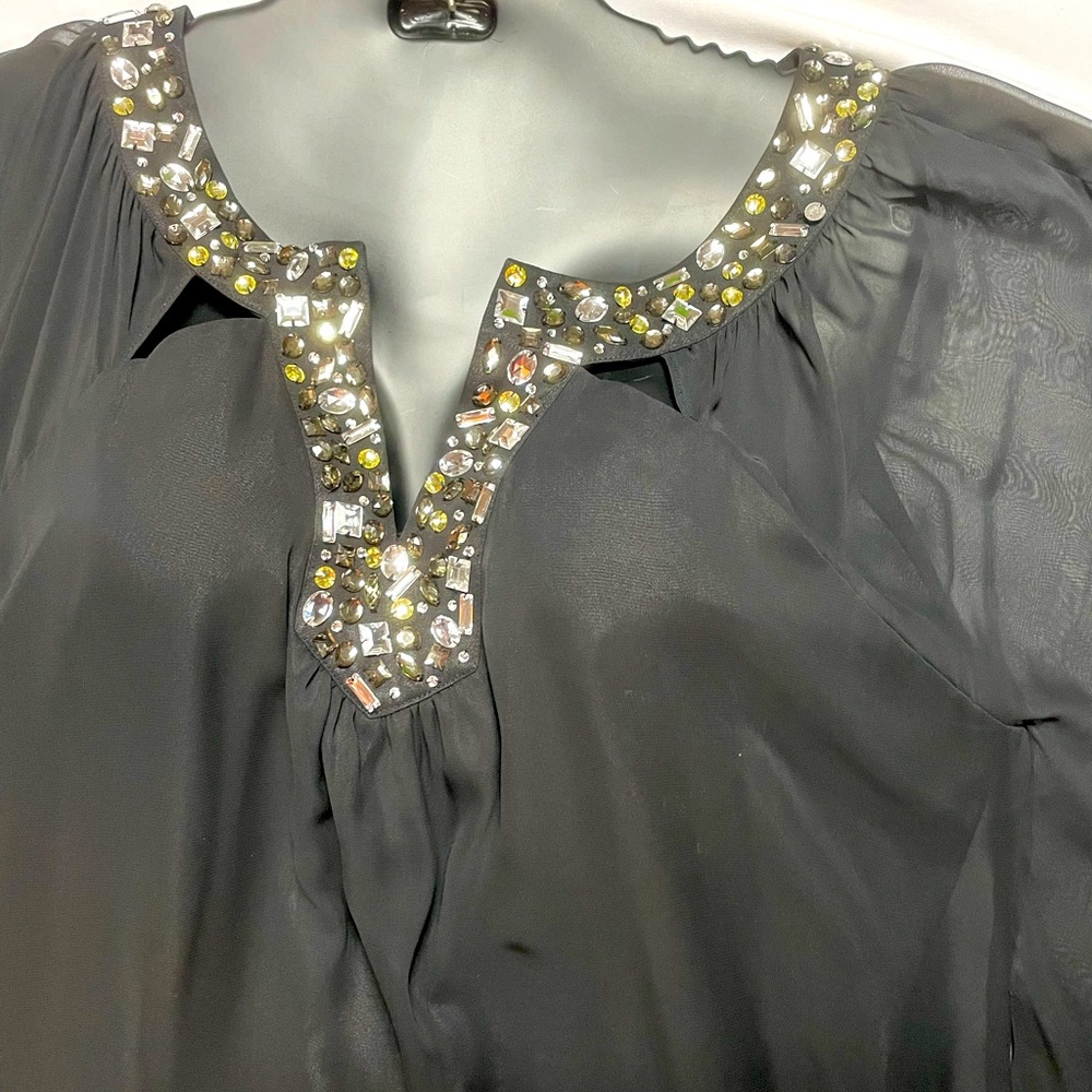 Calvin Klein | Bejeweled and Bedazzled Classy V-Neck, lined, Sheer mini dress